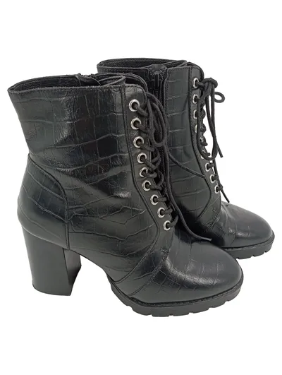 OFFICE LONDON Damen Stiefel Gr. 36 Schwarz Kroko-Optik Schnürstiefel Blockabsatz