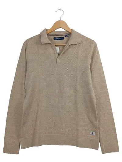 Jack & Jones Pullover Herren Gr. 48/M Beige Baumwolle Polo Kragen Struktur