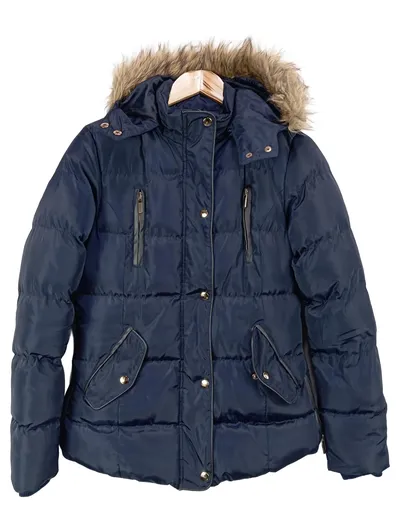 GATE Damen Steppjacke Gr. 36/S Blau mit Kapuze und Fellbesatz