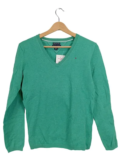 Tommy Hilfiger Pullover Damen V-Ausschnitt Pima Cotton Grün Gr. 38;M Logo Basic