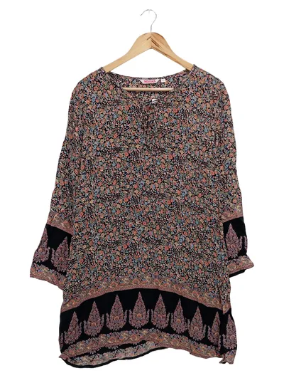 INDISKA Damen Blusenkleid L 40 Bohemian Vintage Ethno Blumenmuster Schwarz