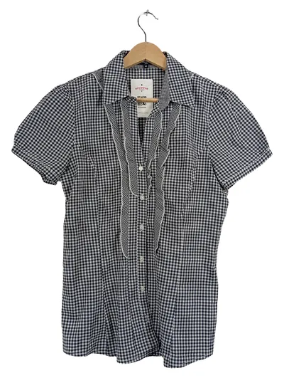 MORE & MORE Damen Bluse Gr. 38 Kariert Rüschen Kurzarm Blau Weiß