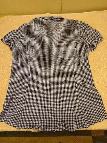 MORE & MORE Damen Bluse Gr. 38 Kariert Rüschen Kurzarm Blau Weiß