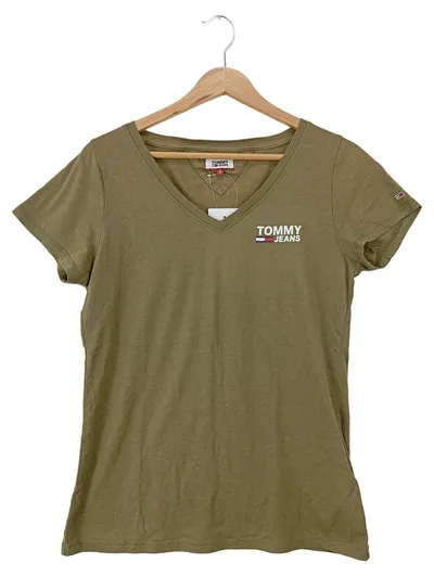 Tommy Jeans Damen T-Shirt V-Ausschnitt Oliv Gr. S Logo-Print Casual