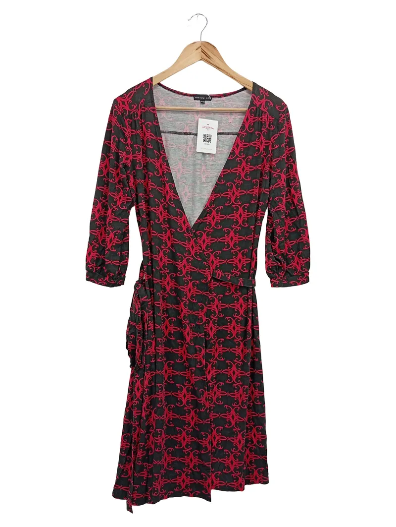 ELLOS Damen Freizeitkleid Wickelkleid Gr. 36/S Schwarz Rot Grafisch Casual 1