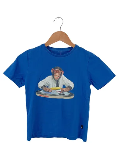 TRIGEMA Kinder T-Shirt Gr. 128 Blau Streetwear Affen DJ Print Kurzarm