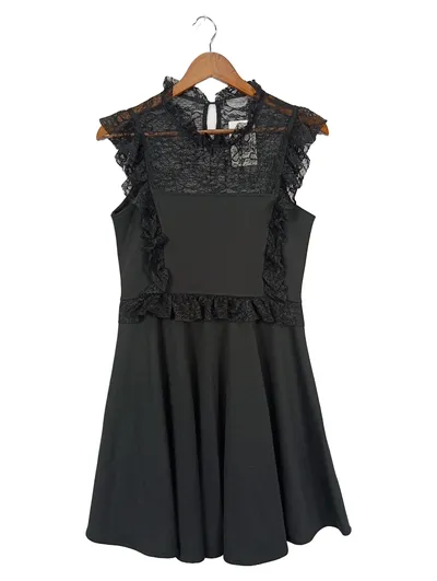 KING KONG Damen Freizeitkleid Schwarz Gr. 38/M Vintage Elegant Spitze Rüschen
