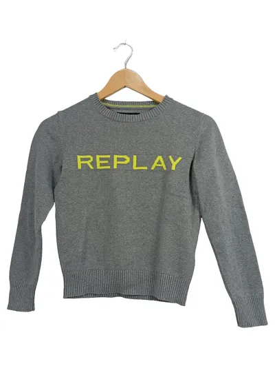 Replay Kinder Pullover Gr. 140 Grau Baumwolle Logo Strickpullover