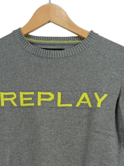 Replay Kinder Pullover Gr. 140 Grau Baumwolle Logo Strickpullover