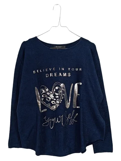 RESTART Damen Pullover Gr. 40 L Blau Viskose Langarm Metallic Schriftzug