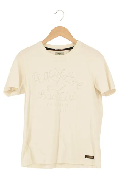 SUPERDRY Damen T-Shirt Gr. 38/M Beige mit Schriftzug Kurzarm Casual