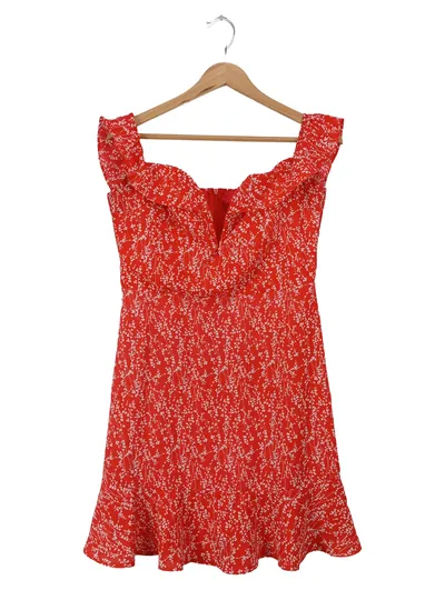 LOAVIES Damen Freizeitkleid Gr. 40/L Rot Blumenmuster Rüschen Elegant Vintage