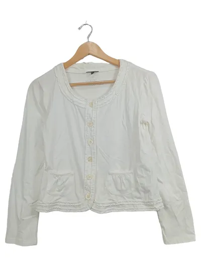 Street One Strickjacke Cardigan Damen Gr. 38 M Weiß Rüschen Baumwolle Casual
