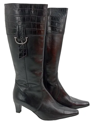 VALLEVERDE Damen Stiefel 36.5 Schwarz Leder Kroko-Optik Elegant Klassisch