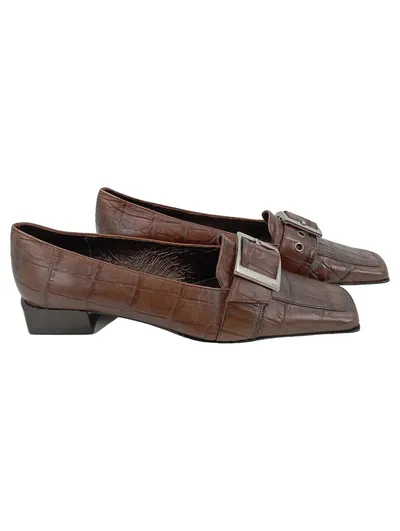 MANIA Slipper Damen 38 Braun Kroko-Optik Business Elegant Schnalle