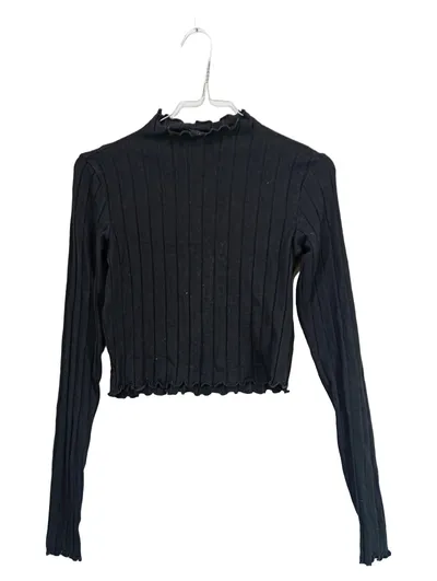 Monkl Damen Langarmshirt Rippstrick Pullover Stehkragen Rüschen Schwarz Gr. 38 M