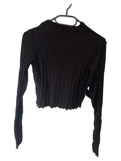 Monkl Damen Langarmshirt Rippstrick Pullover Stehkragen Rüschen Schwarz Gr. 38 M
