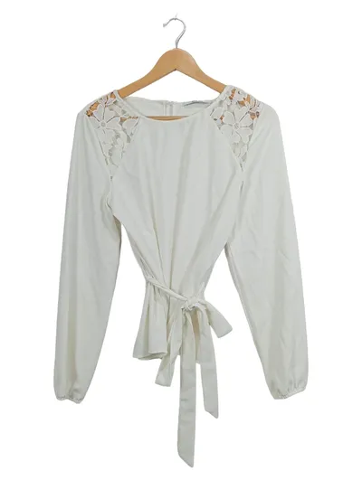 ABOUT YOU Damen Bluse Gr. 38 Weiß Spitze Bindeschleife Langarm