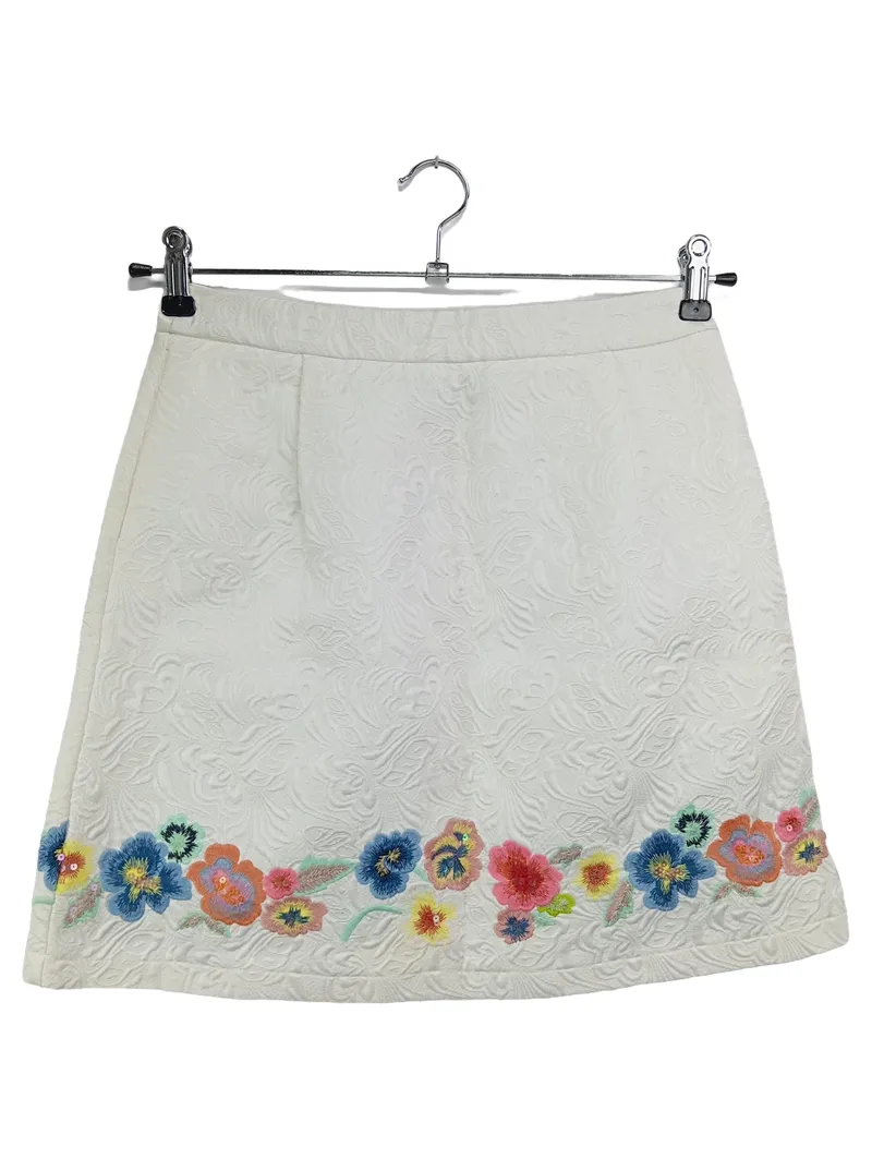 BLUGIRL BLUMARINE Minirock Damen 34/XS Weiß Florales Muster Stickerei Bohemian 1