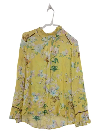 Sand Copenhagen Damen Bluse Gr. 36/S Gelb Blumenmuster Vögel Rüschen
