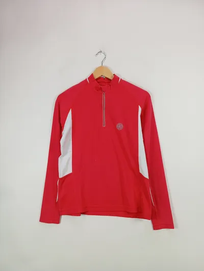 Athleta Damen Funktionsshirt Langarm Sport Shirt Rot Gr. 38/M Half-Zip Laufshirt