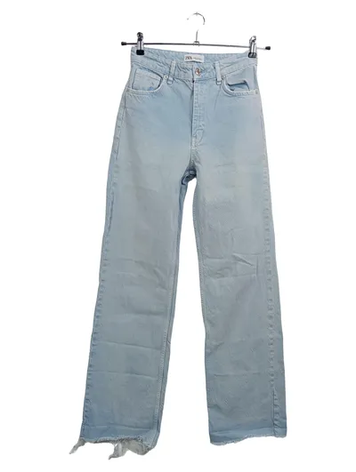 ZARA Damen Jeans Regular Fit W28/36 Hellblau High Waist Fransen Casual