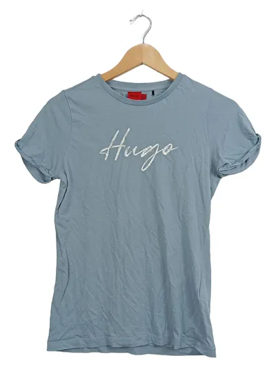 HUGO Damen T-Shirt Gr. 34/XS Blau Schriftzug Logo Baumwolle Casual