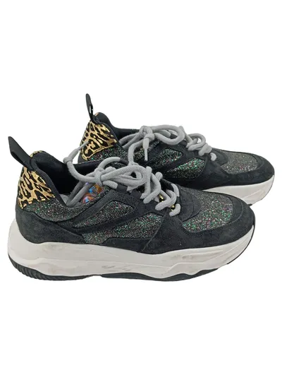 P448 Damen Sneaker low Gr. 37 Schwarz Glitzer Leopard Casual Sportlich