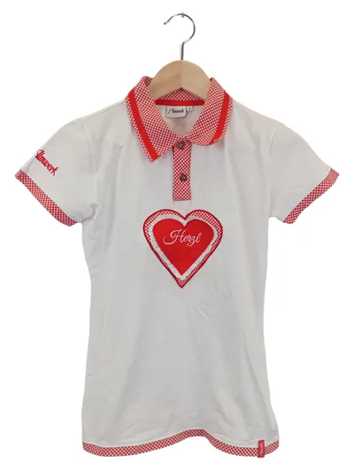 ALMWERK Damen T-Shirt Polo Herzl Stickerei Kariert Weiß Gr. 36/S