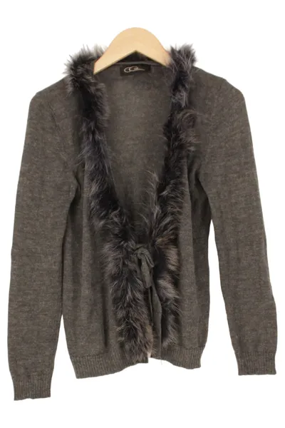 CRISTINA GAVIOLI Damen Strickjacke 36;S Grau Elegant Fellbesatz