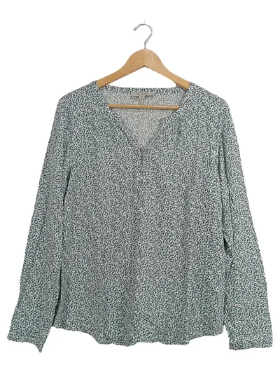 Comma Damen Bluse Gr. 40/L Weiß Blau Blumenmuster Langarm Baumwolle