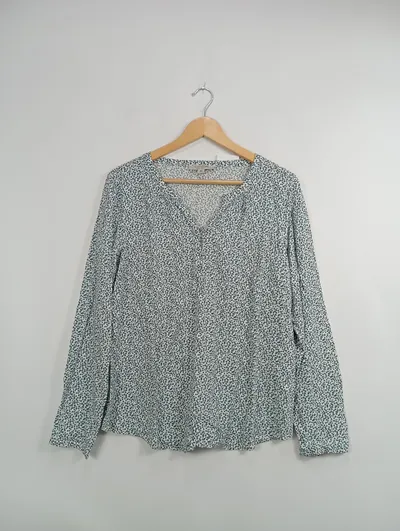 Comma Damen Bluse Gr. 40/L Weiß Blau Blumenmuster Langarm Baumwolle