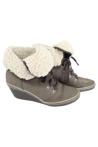 ESPRIT Damen Stiefelette Gr. 39 Grau Fellbesatz Keilabsatz Winter Boots