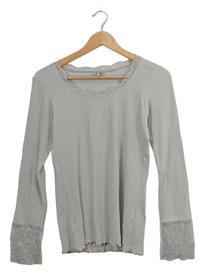 Deerberg Langarmshirt Damen Gr. 38 M Grau Spitze Rippstrick Baumwolle Shirt