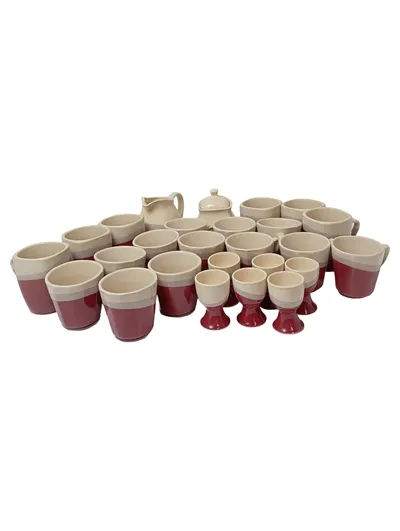 TOP Frühstückservice 28tlg. Rot Keramik Klassisch Tassen Eierbecher Kanne