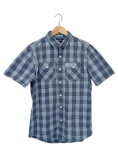 SUPERDRY Herren Freizeithemd Gr. 50/L Blau Kariert Kurzarm Casual