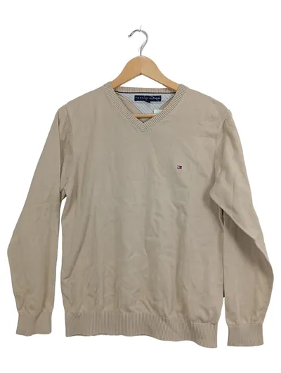 Tommy Hilfiger Pullover Herren V-Ausschnitt Gr. M Beige Baumwolle Basic Logo