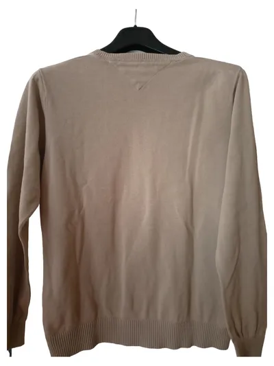 Tommy Hilfiger Pullover Herren V-Ausschnitt Gr. M Beige Baumwolle Basic Logo