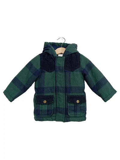 JOHN LEWIS Kinder Steppjacke Gr. 74 Grün Kariert Vintage Kapuze Wolle