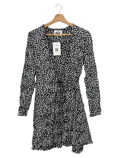 SUPERDRY Damen Wickelkleid Freizeitkleid Gr. 34/XS Schwarz Viskose Abstrakt