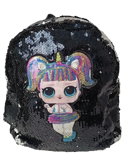 LOL SURPRISE OMG Rucksack Kinder Schwarz Pailletten Einhorn Puppe Applikation