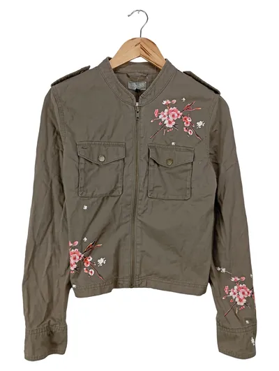ONLY Jeansjacke Damen Gr. 40/L Grün Casual mit floralem Muster Stickerei