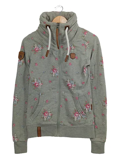 Naketano Damen Sweatjacke Blumenmuster Gr. XS Grau Stehkragen