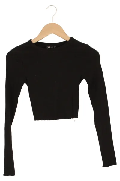 FSBN Damen Langarmshirt Basic Cropped Gr. 32/XS Schwarz Rippstrick