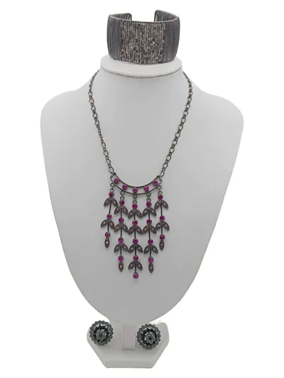 Damen Schmuckset 3-teilig Halskette Armreif Ohrringe Silber Blatt Strass
