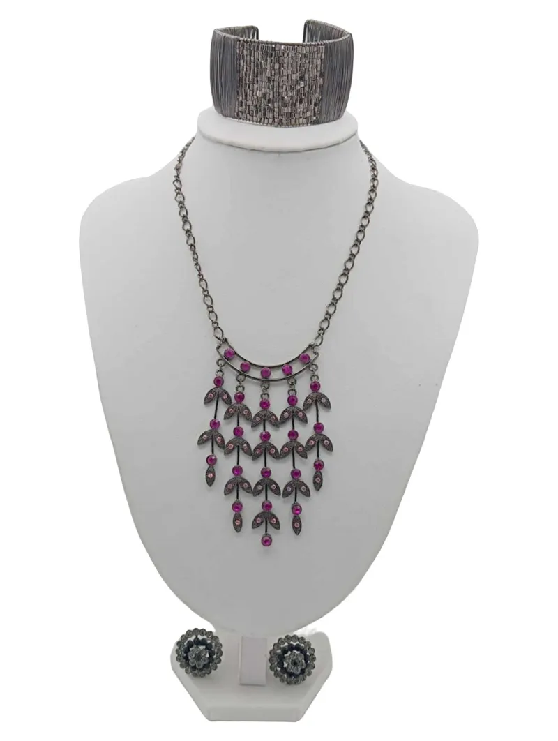 Damen Schmuckset 3-teilig Halskette Armreif Ohrringe Silber Blatt Strass 1