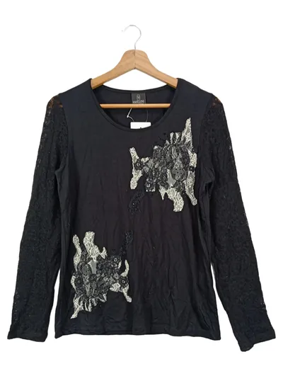 MADELEINE Damen Langarmshirt Elegant Spitze Lochmuster Schwarz Gr. 38/M