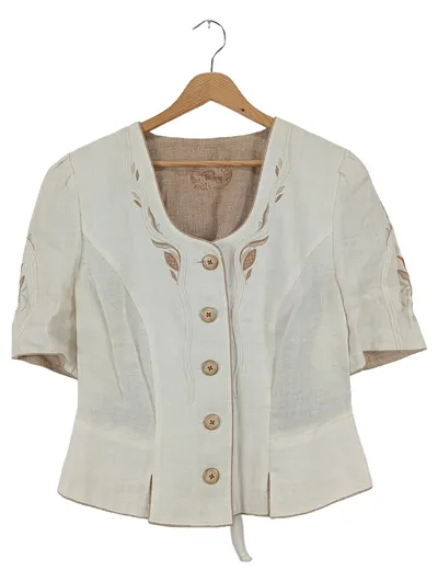 PERRY Damen Bluse 44/XXL Beige Leinen Vintage Elegant Stickerei Kurzarm