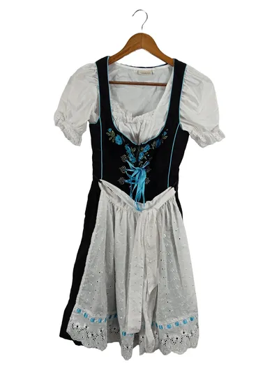 LANDHAUS C&A Dirndl Trachtenkleid Gr. 34/XS Schwarz Türkis Stickerei Baumwolle