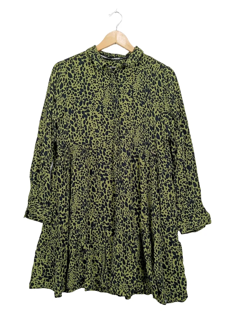 Superdry Damen Blusenkleid Gr. 42/XL Leopardenmuster Grün Tunika 1